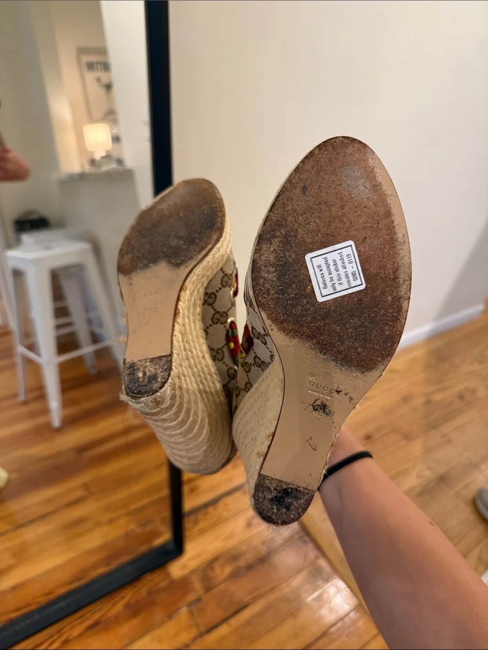 Designer Monogram Espadrille Wedge in Beige and Tan